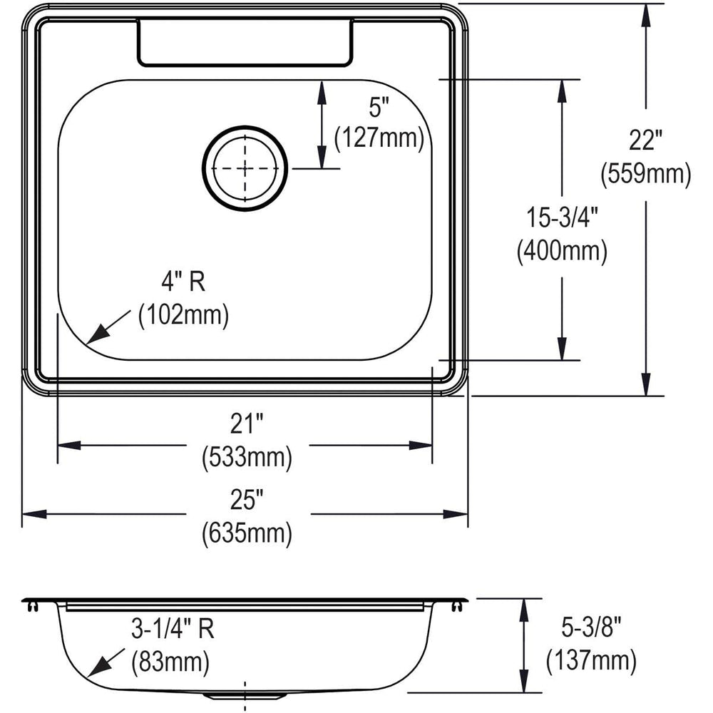 Open Box - Elkay GE125223 Dayton 25" Single Basin Drop In Stainless Steel Kitchen Sink
