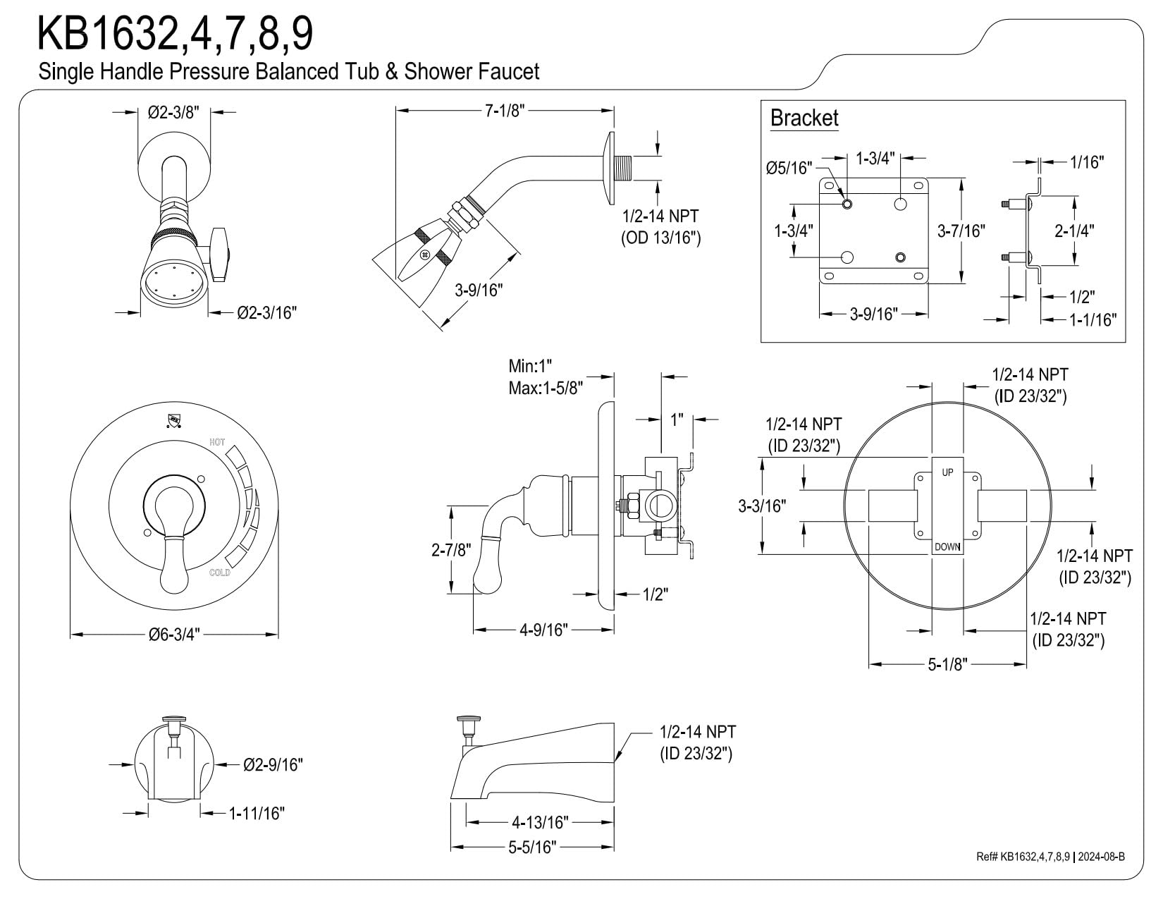 Open Box - Kingston Brass KB1632 Magellan Tub and Shower Trim with Multi Function Shower Head and Metal Lever Handle