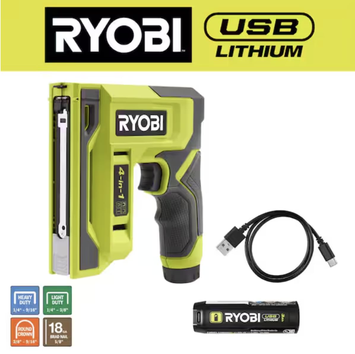 Open Box -  USB LITHIUM 4-in-1 Stapler/Nailer Kit with 3.0 Ah Battery and Charging Cable RYOBIBullseye Deals