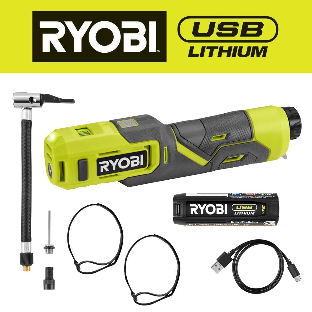 Open Box -  RYOBI USB Lithium Cordless High Pressure Portable Inflator Kit with 2.0 Ah USB Lithium Battery and Charging Cable