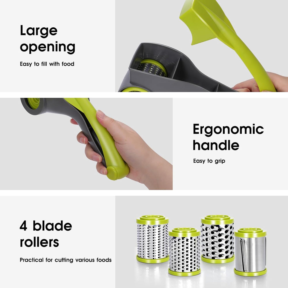 New - Masthome Rotary Cheese Grater Slicer 4 Stainless Steel Drum Blades Green