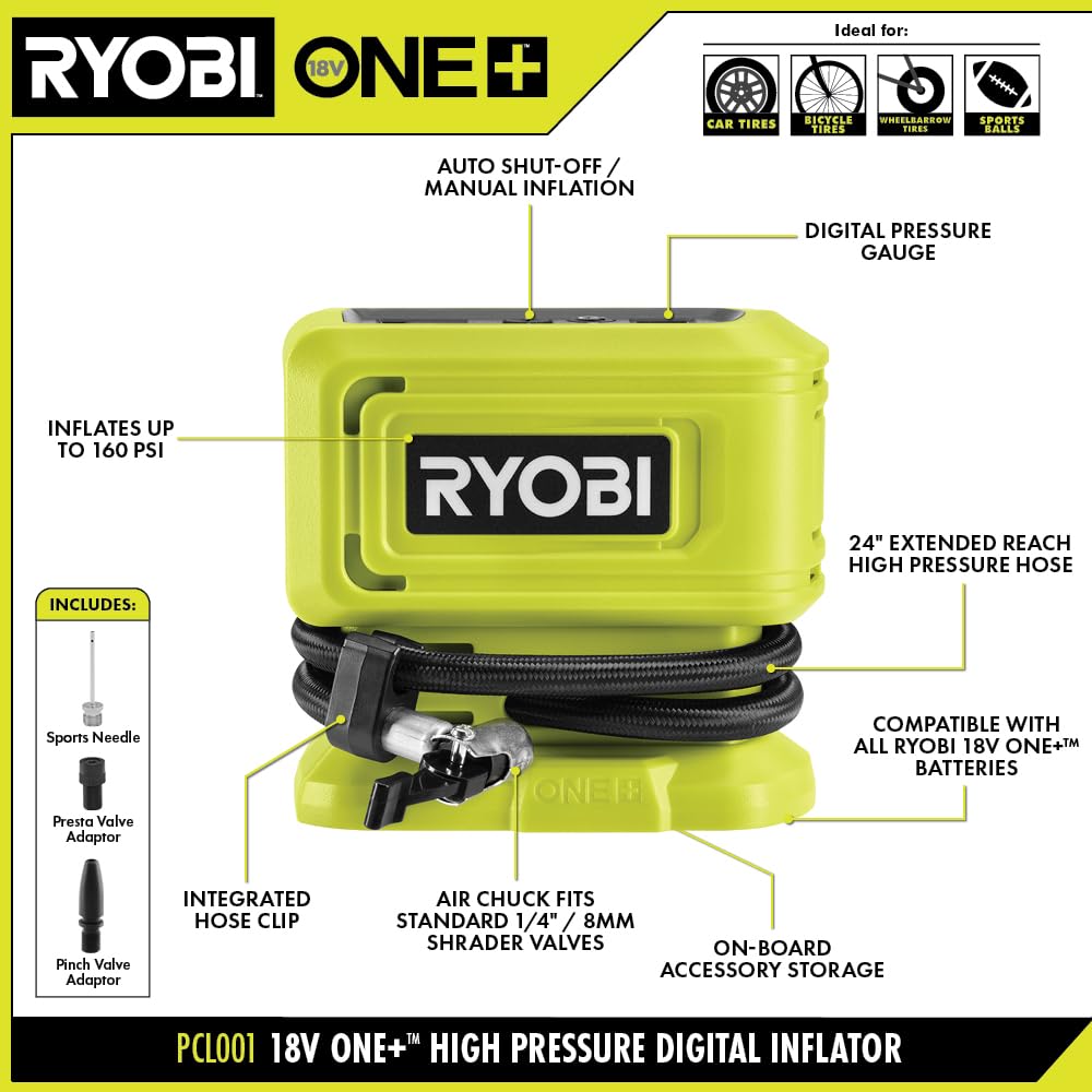 Open Box -  RYOBI ONE+ 18V Cordless High Pressure Inflator (Tool Only)