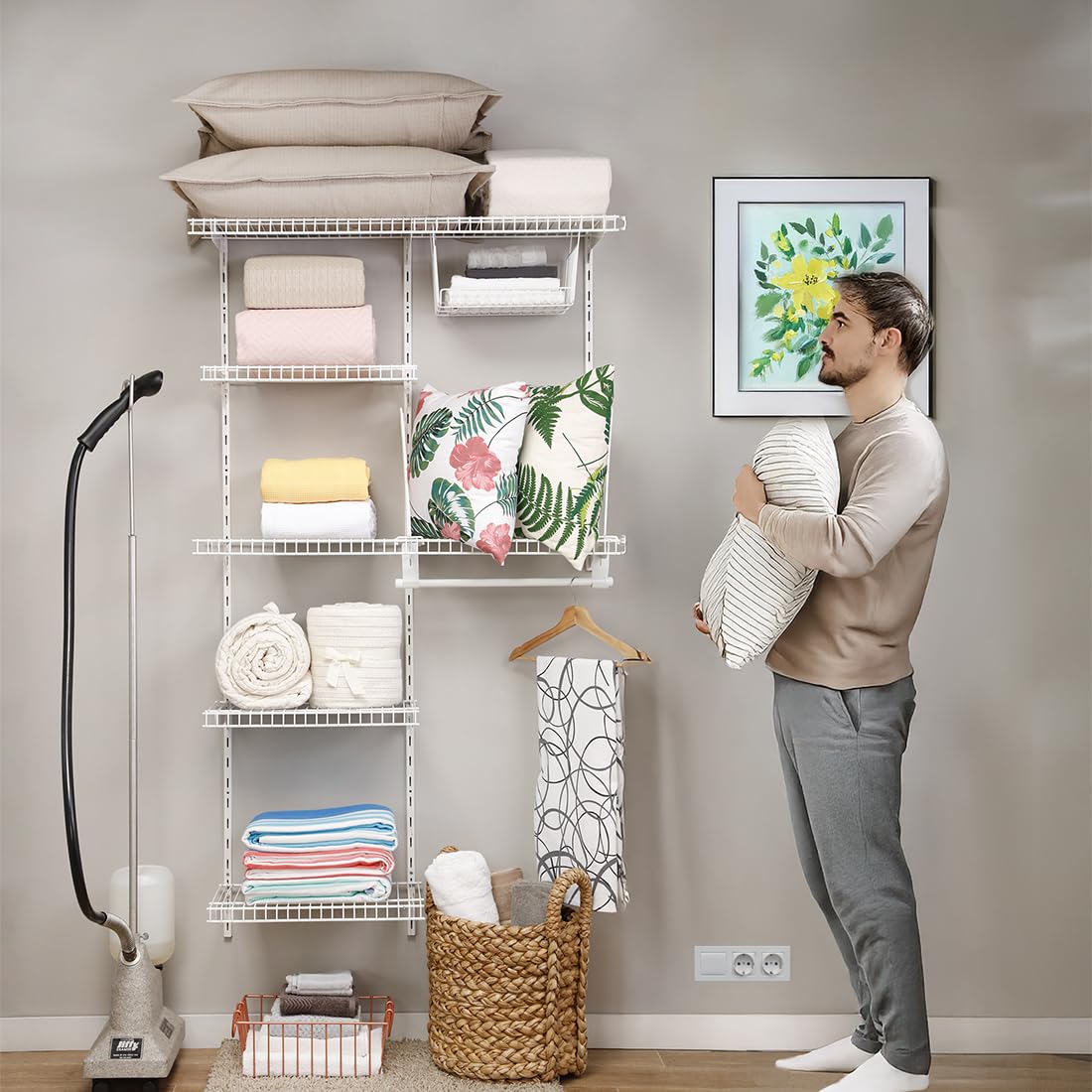 Inka Adjustable White Wire Closet Shelf Kit, 3-5 FT Expandable Organizer System