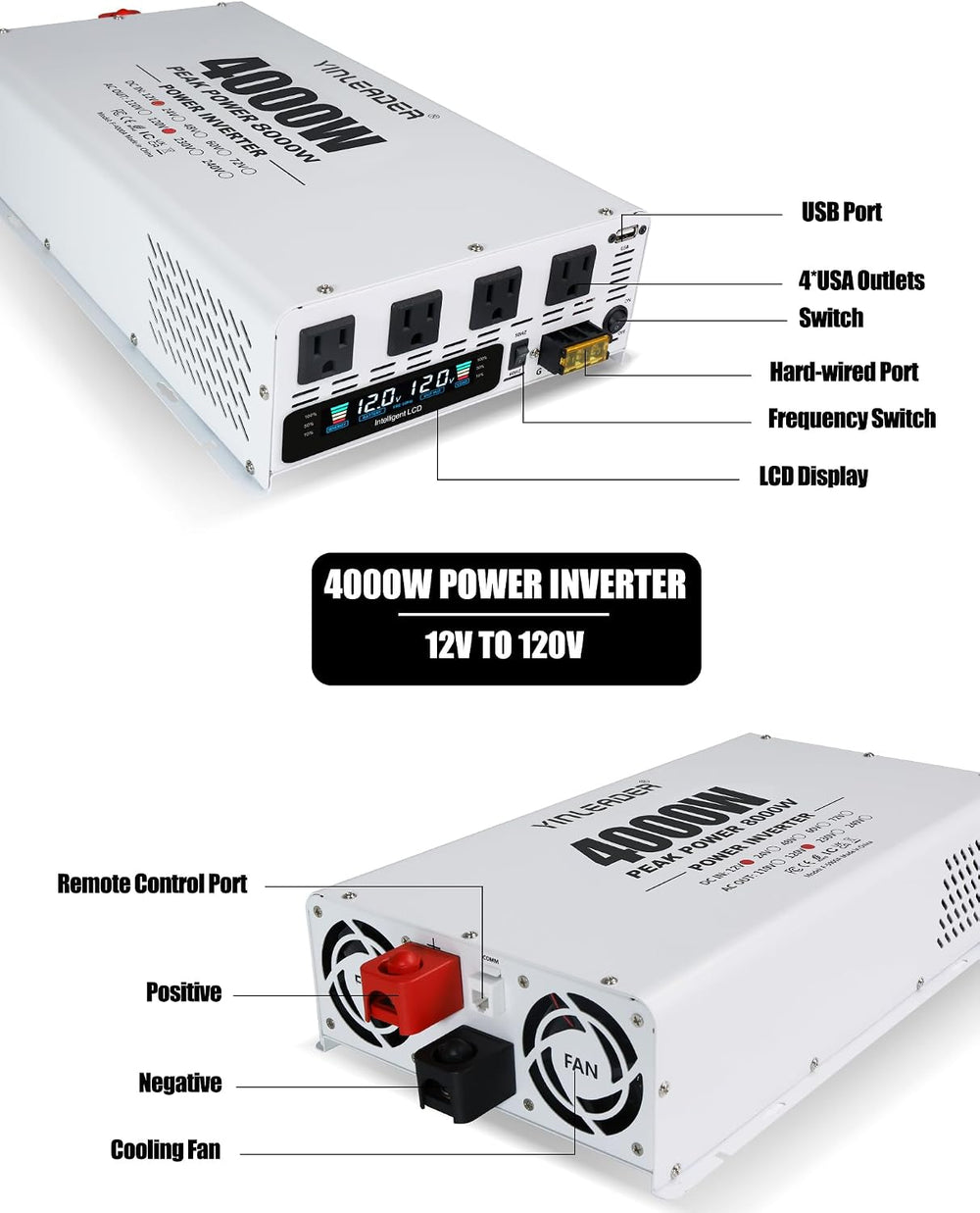 New - Vanecl Ym-0006 Power Inverter 12v-120v, 4000w, Usb Output