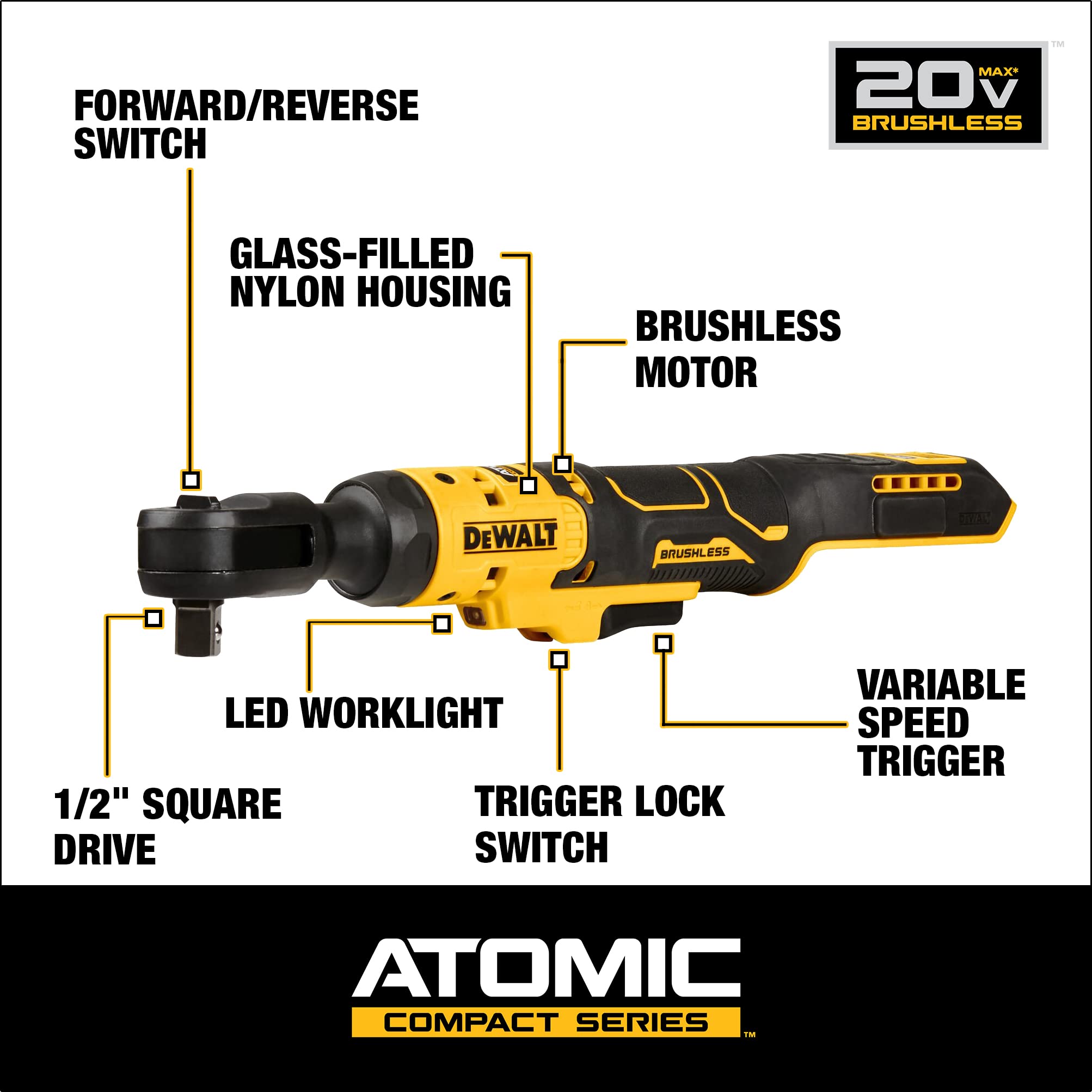 Open Box -  DEWALT ATOMIC 20-Volt MAX Cordless 1/2 in. Ratchet (Tool-Only)