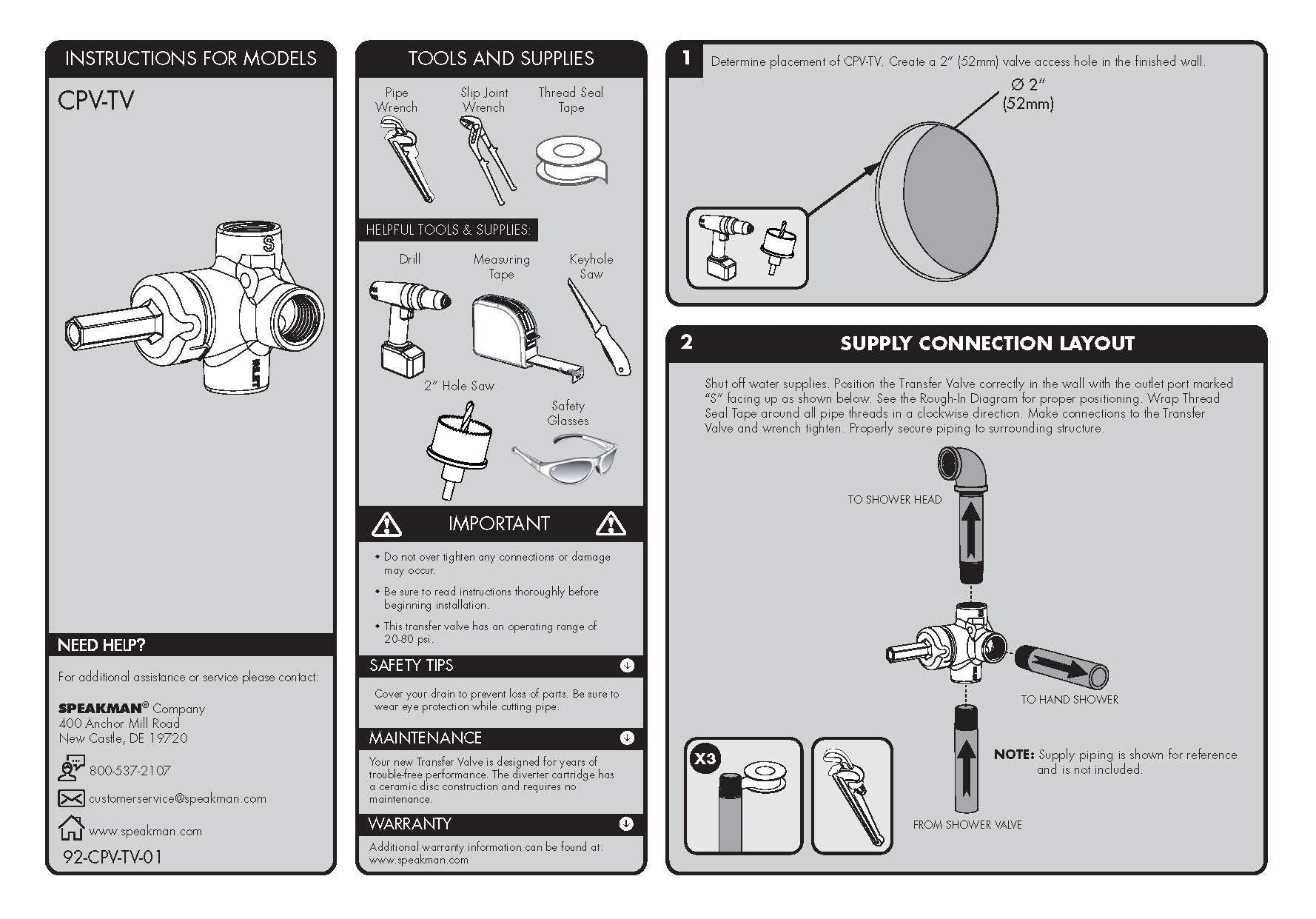 Open Box - Speakman CPV-TV - Diverter Valves Showers
