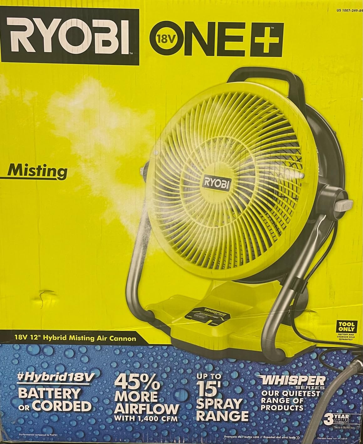 Open Box - ONE+ 18V Cordless Hybrid WHISPER SERIES 12 in. Misting Cannon Fan (Tool Only), RYOBI Green