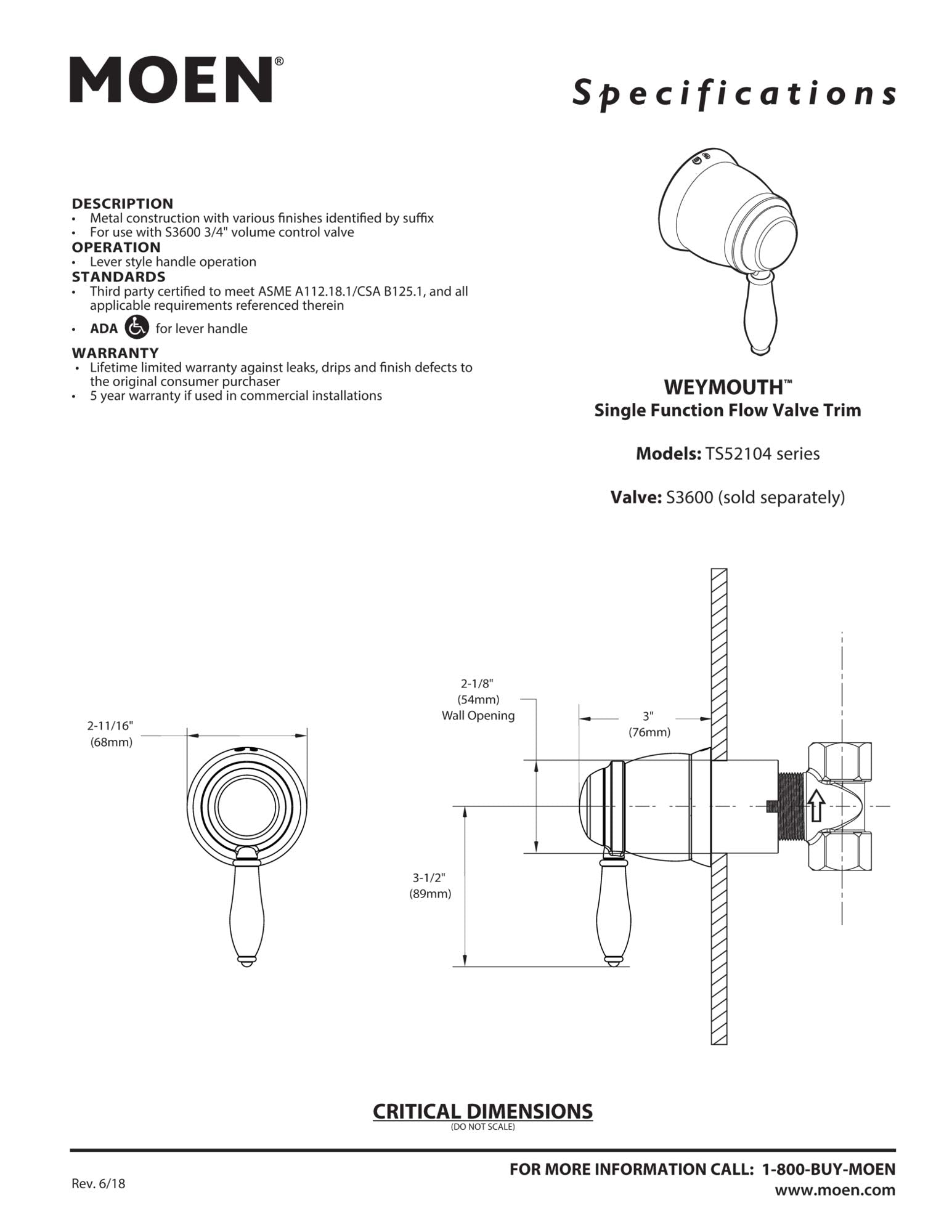 Open Box - Moen TS52104BL - Volume Control Faucet