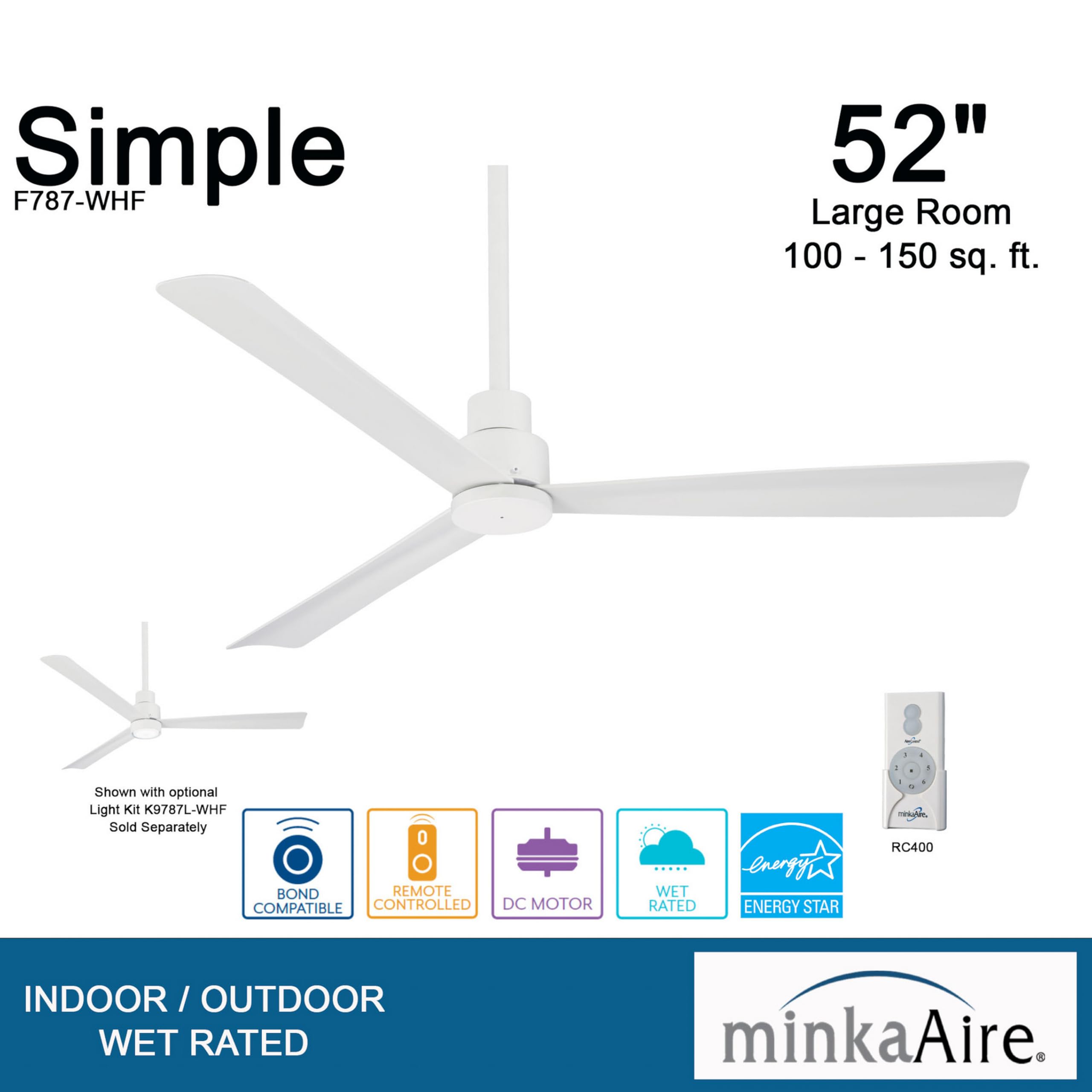 Open Box - MinkaAire F787-WHF 3 Blade 52" Simple Outdoor Ceiling Fan - Remote and Blades Included