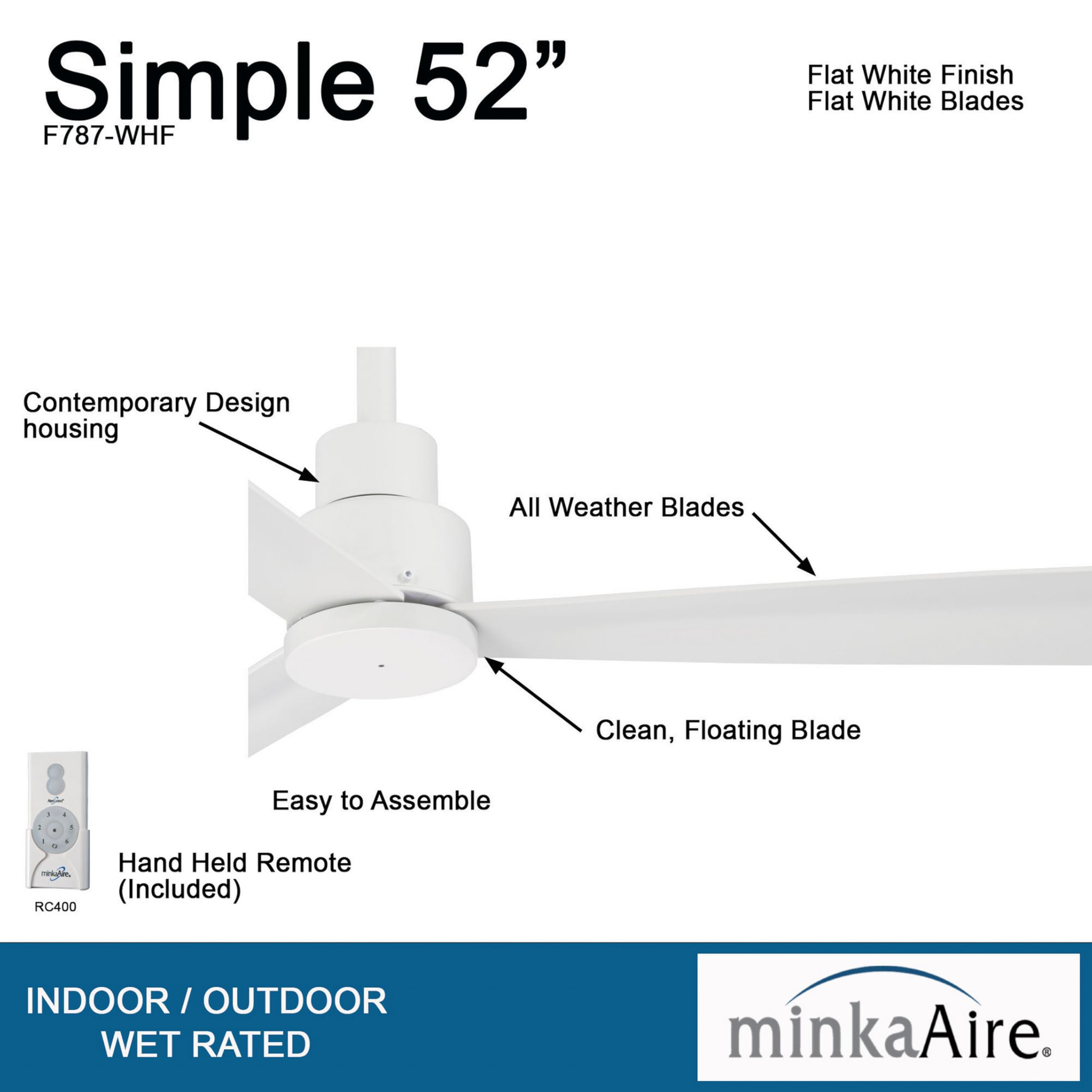Open Box - MinkaAire F787-WHF 3 Blade 52" Simple Outdoor Ceiling Fan - Remote and Blades Included