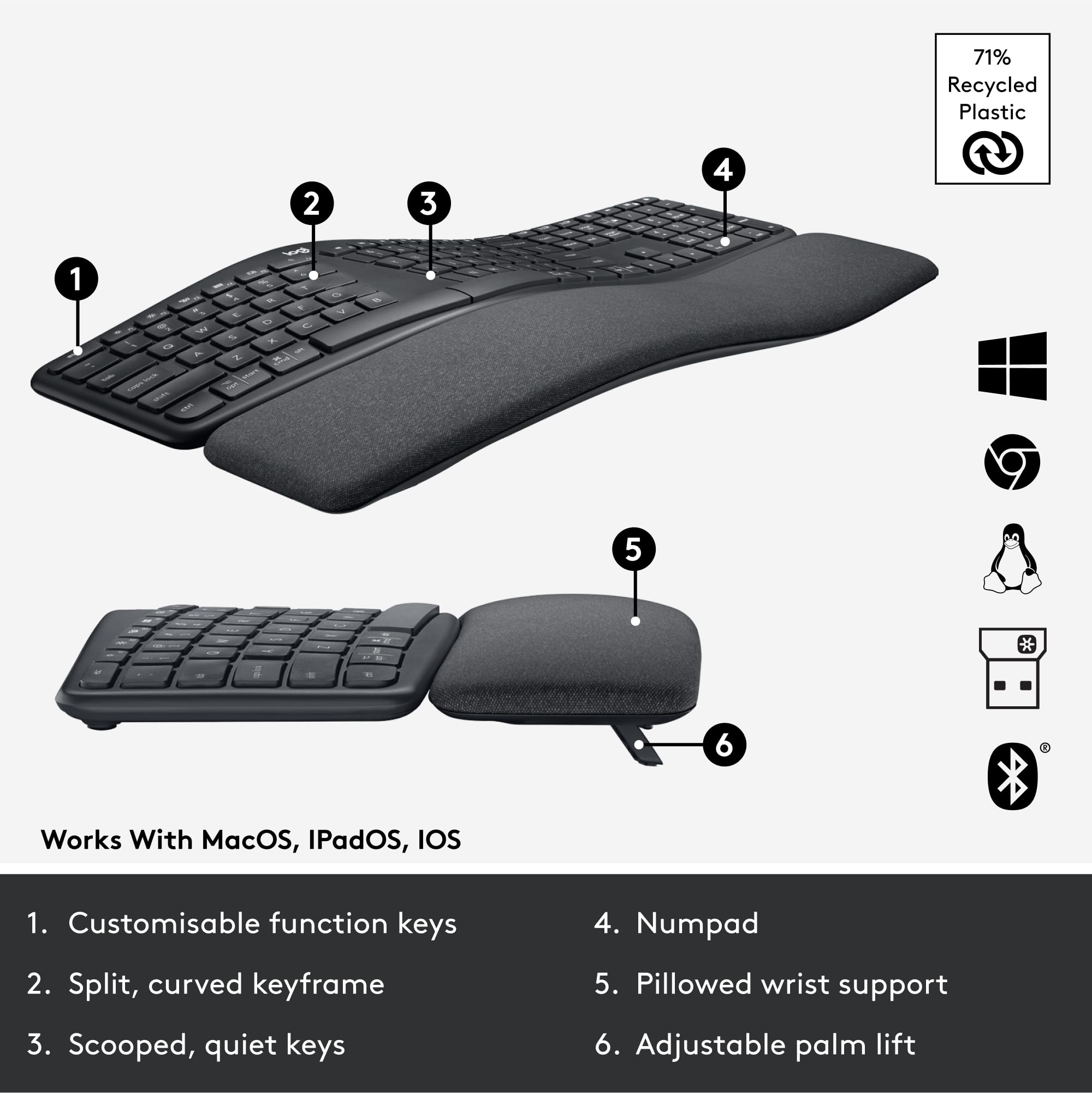 Refurbished - Logitech ERGO K860 920-009166 Black 2.4 GHz  Bluetooth Split Keyboard