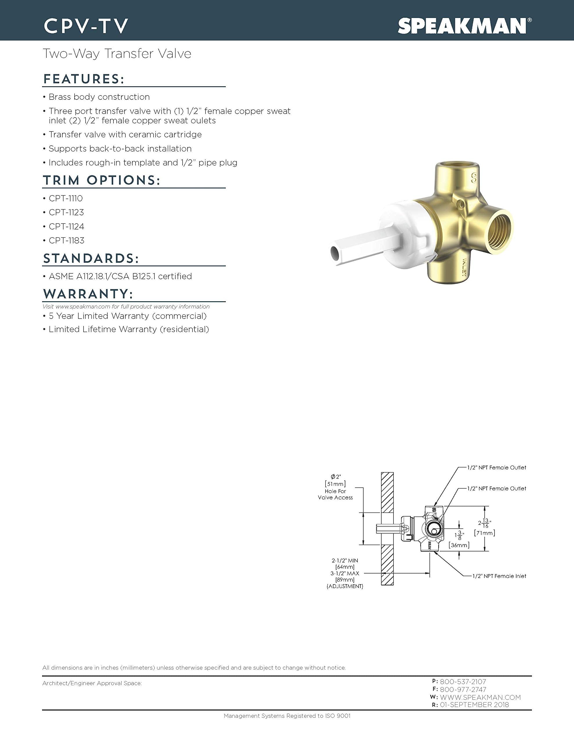 Open Box - Speakman CPV-TV - Diverter Valves Showers