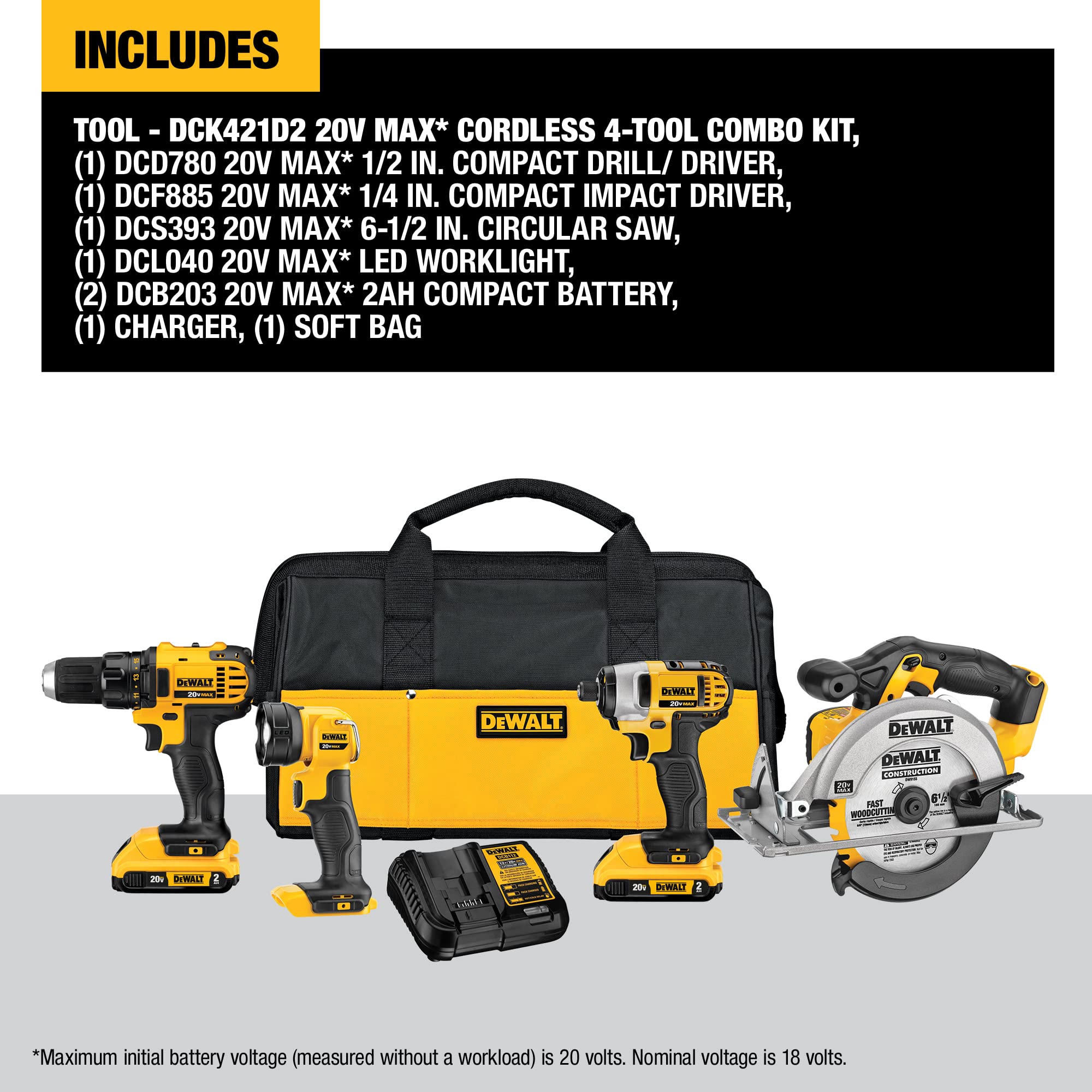 Open Box -  DEWALT DCK421D2 20V MAX Lithium-Ion 4-Tool Combo Kit, 2.0Ah
