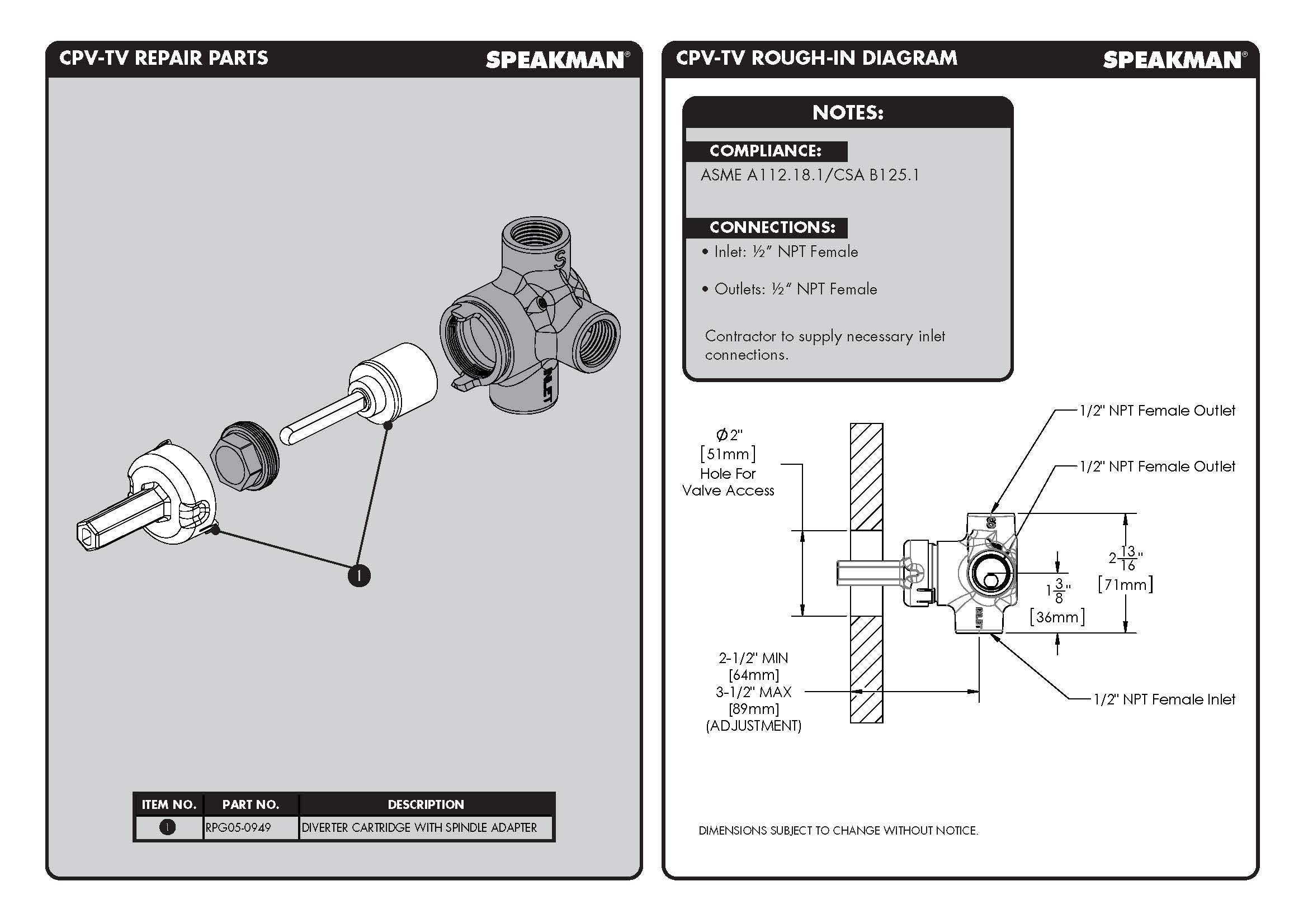Open Box - Speakman CPV-TV - Diverter Valves Showers