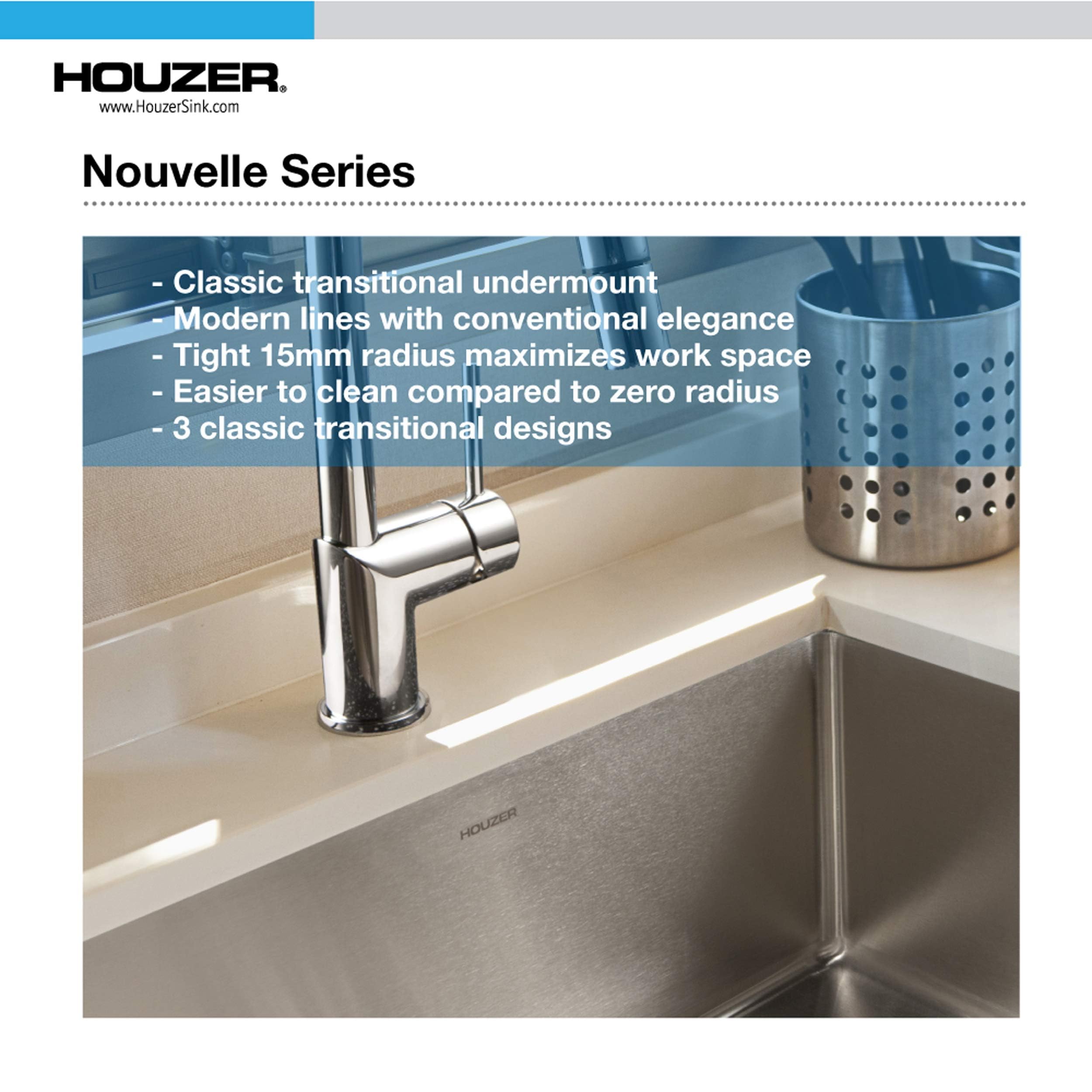 Open Box - Houzer NOS-4100 Nouvelle 23" Single Basin Undermount 18-Gauge Kitchen Sink with Sound Dampening Technology - Basket Strainer Included