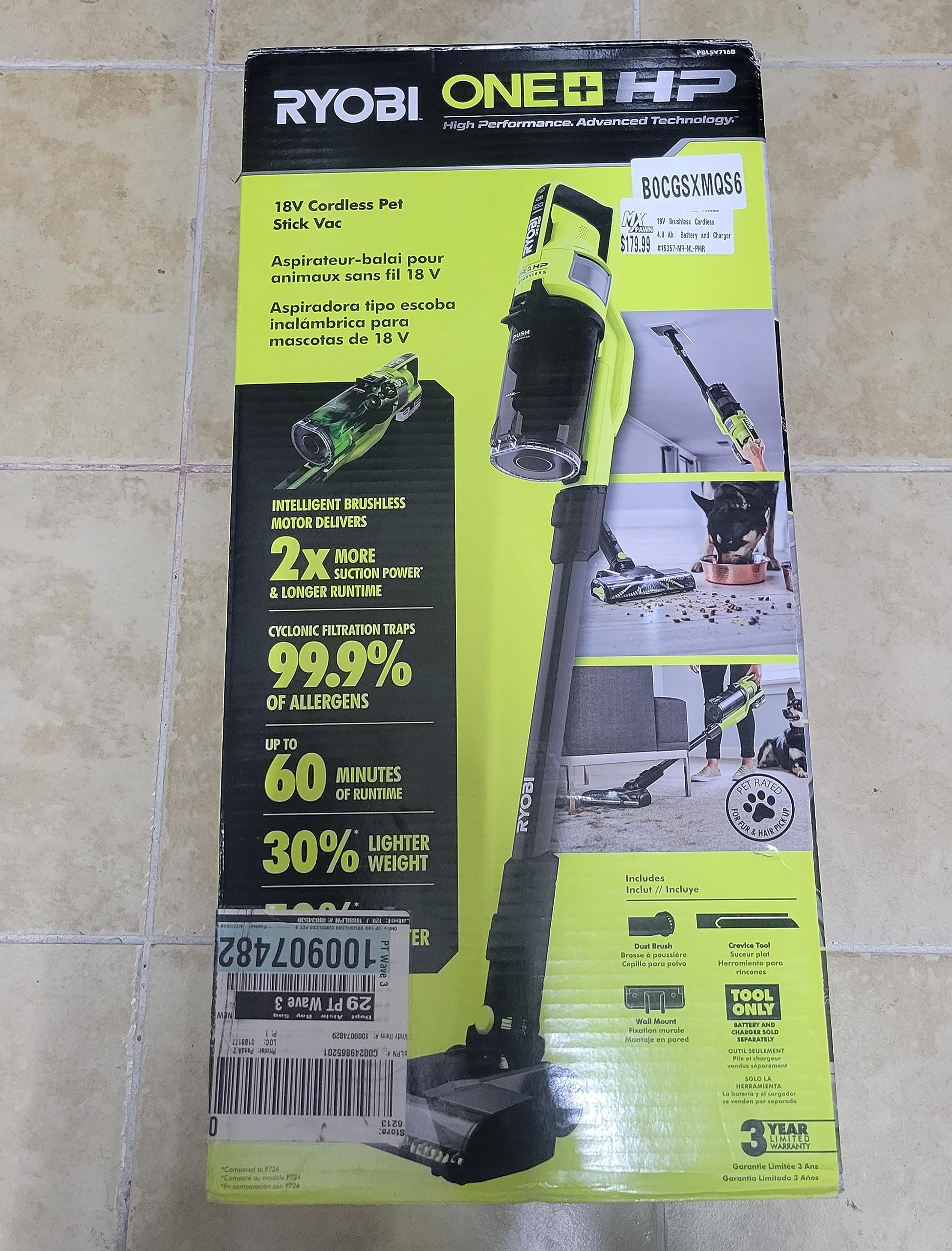 Open Box -  RYOBI ONE+ HP 18V Brushless Cordless Pet Stick Vacuum Cleaner (Tool Only)