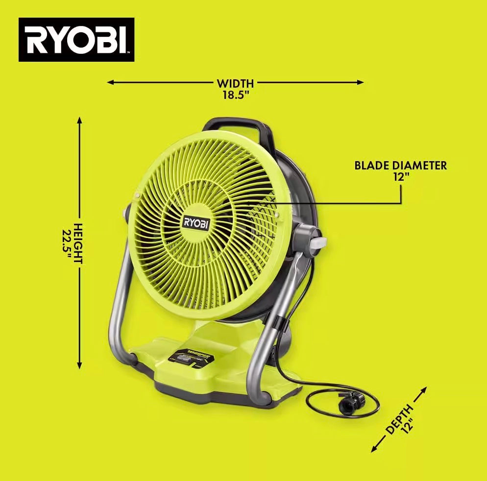 Open Box - ONE+ 18V Cordless Hybrid WHISPER SERIES 12 in. Misting Cannon Fan (Tool Only), RYOBI Green