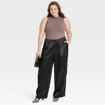 A New Day Women's Straight Relaxed High Rise Satin Cargo Pants Glossy A New DayBullseye Deals