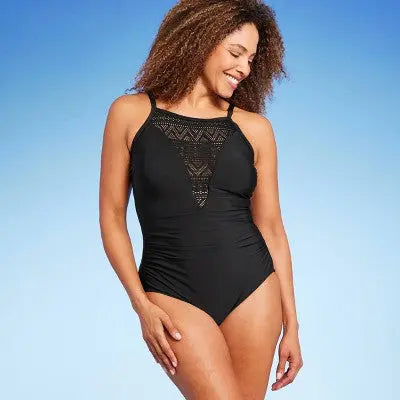 Aqua Green Women's UPF 50 Crochet High Neck One Piece Swimsuit - Secondipity