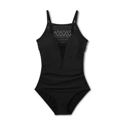 Aqua Green Women's UPF 50 Crochet High Neck One Piece Swimsuit - Secondipity