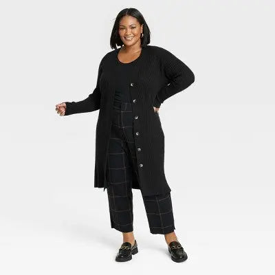 Ava & Viv Women's Plus Button Down Rib Duster Cardigan Side Vent Ribbed Ava & VivBullseye Deals