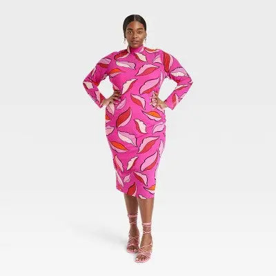 Black History Month Sammy B Women's Plus Size Bodycon Dress Pink Floral Midi-Length - Secondipity