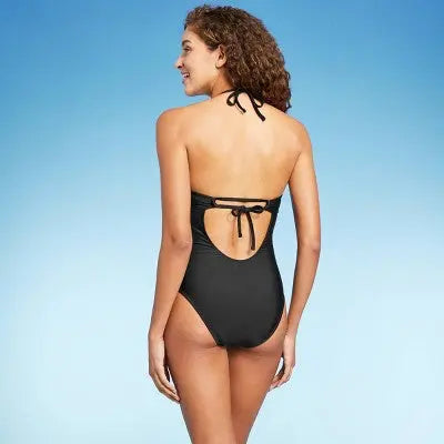 Chic Black Crochet Plunge Swimsuit: Lace Detail, Adjustable Ties - Secondipity