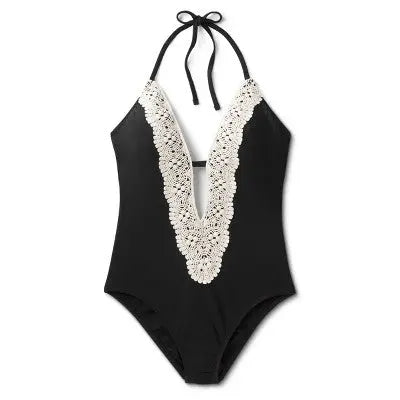 Chic Black Crochet Plunge Swimsuit: Lace Detail, Adjustable Ties - Secondipity