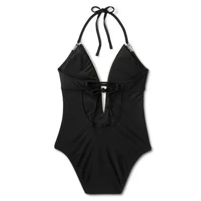 Chic Black Crochet Plunge Swimsuit: Lace Detail, Adjustable Ties - Secondipity