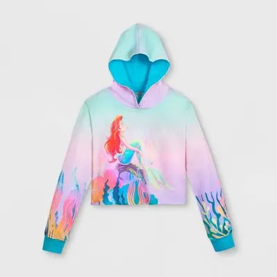 Disney Kids Pullover Semi Cropped Hooded Graphic Sweatshirt Rainbow Ombre Ariel The Little MermaidBullseye Deals