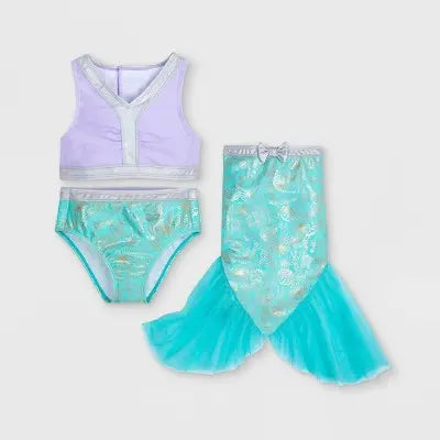 Disney The Little Mermaid Kids Girls 3-Piece Swimsuit Set Tail Skirt DisneyBullseye Deals