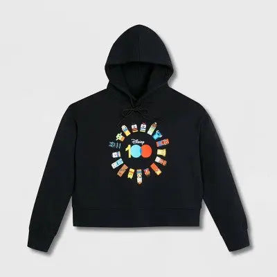 Disney Women's Pullover Cropped Hooded Fleece Hoodie Embroidered Disney100 DisneyBullseye Deals