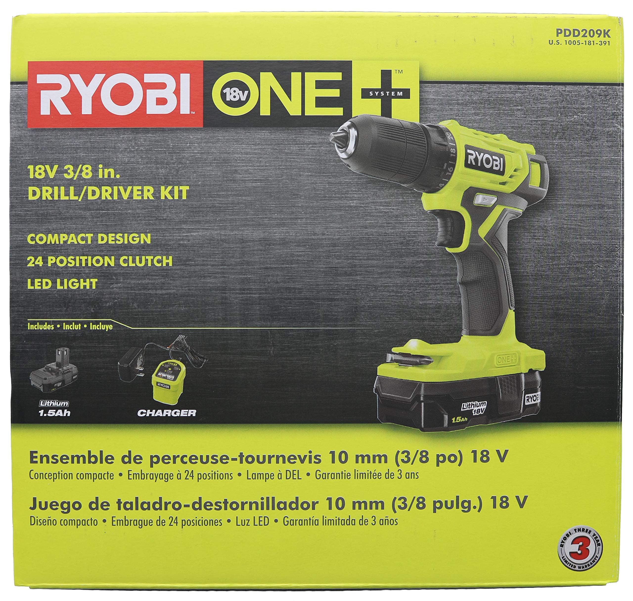 Open Box -  RYOBI 18-Volt ONE+ Cordless 3/8 in. Drill/Driver Kit with 1.5 Ah Battery and Charger RYOBI