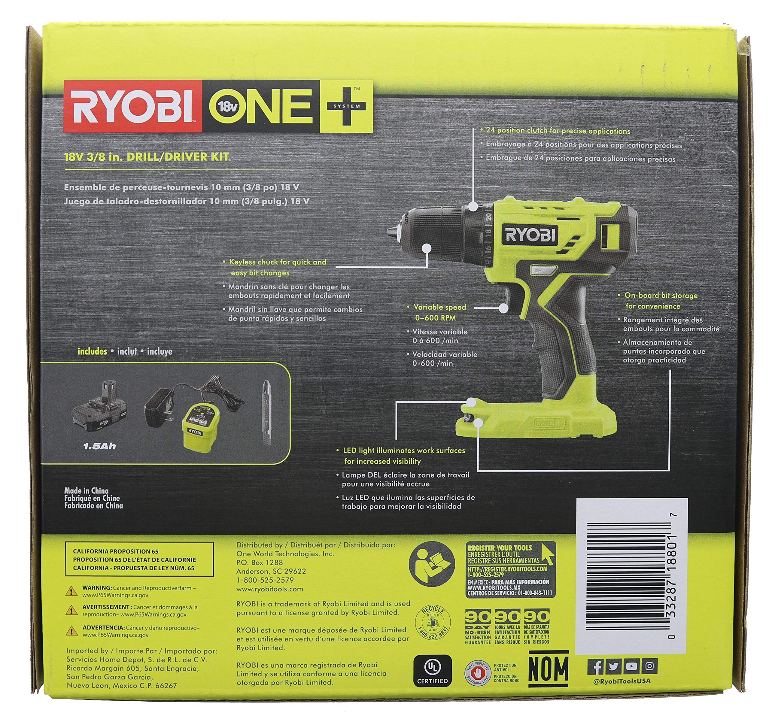 Open Box -  RYOBI 18-Volt ONE+ Cordless 3/8 in. Drill/Driver Kit with 1.5 Ah Battery and Charger RYOBI