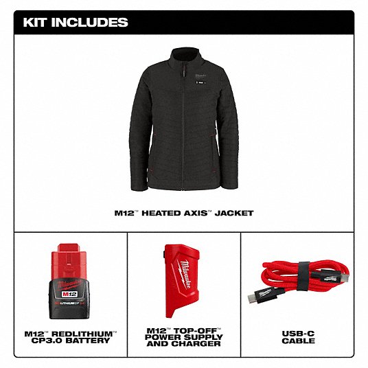 Open Box -  Women's Small M12 12-Volt Lithium-Ion Cordless AXIS Black Heated Quilted Jacket Kit with (1) 3.0 Ah Battery and Charger