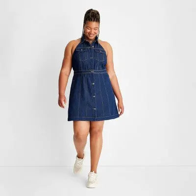 Future Collective Alani Noelle Women's Halter Collared Denim Overall Mini Dress Future Collective with Alani NoelleBullseye Deals