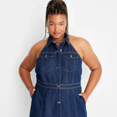 Future Collective Alani Noelle Women's Halter Collared Denim Overall Mini Dress Future Collective with Alani NoelleBullseye Deals