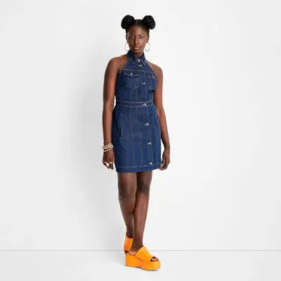 Future Collective Alani Noelle Women's Halter Collared Denim Overall Mini Dress Future Collective with Alani NoelleBullseye Deals