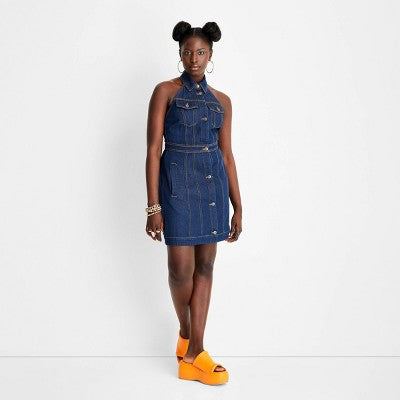 Future Collective Alani Noelle Women's Halter Collared Denim Overall Mini Dress
