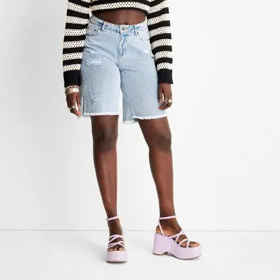 Future Collective High-Rise Bermuda Jeans Denim Shorts Frayed, Light Blue, 0 Future Collective with Alani NoelleBullseye Deals