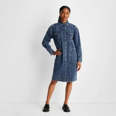 Future Collective with Reese Women's Long Sleeve Button-Up Denim Midi Dress - Secondipity