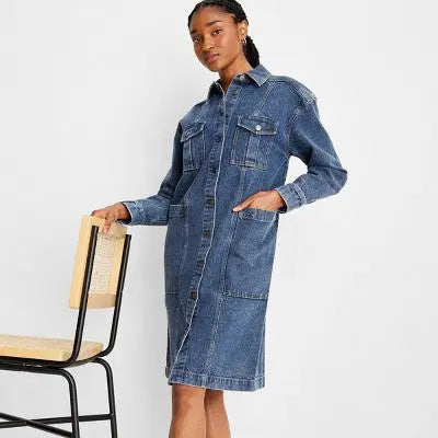 Future Collective with Reese Women's Long Sleeve Button-Up Denim Midi Dress - Secondipity
