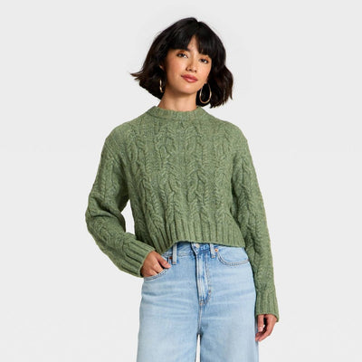 Open Box - Women's Cozy Cable Crewneck Pullover Sweater - Universal Thread™ Dark Green XS