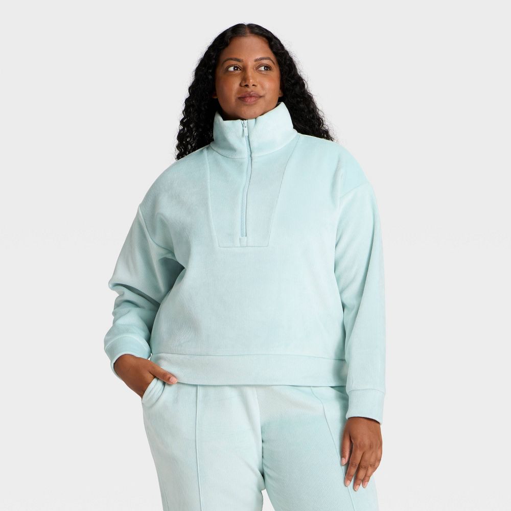 New - Women's Velour Ribbed 1/2 Zip Sweatshirt - All In Motion™ Light Aqua Blue M