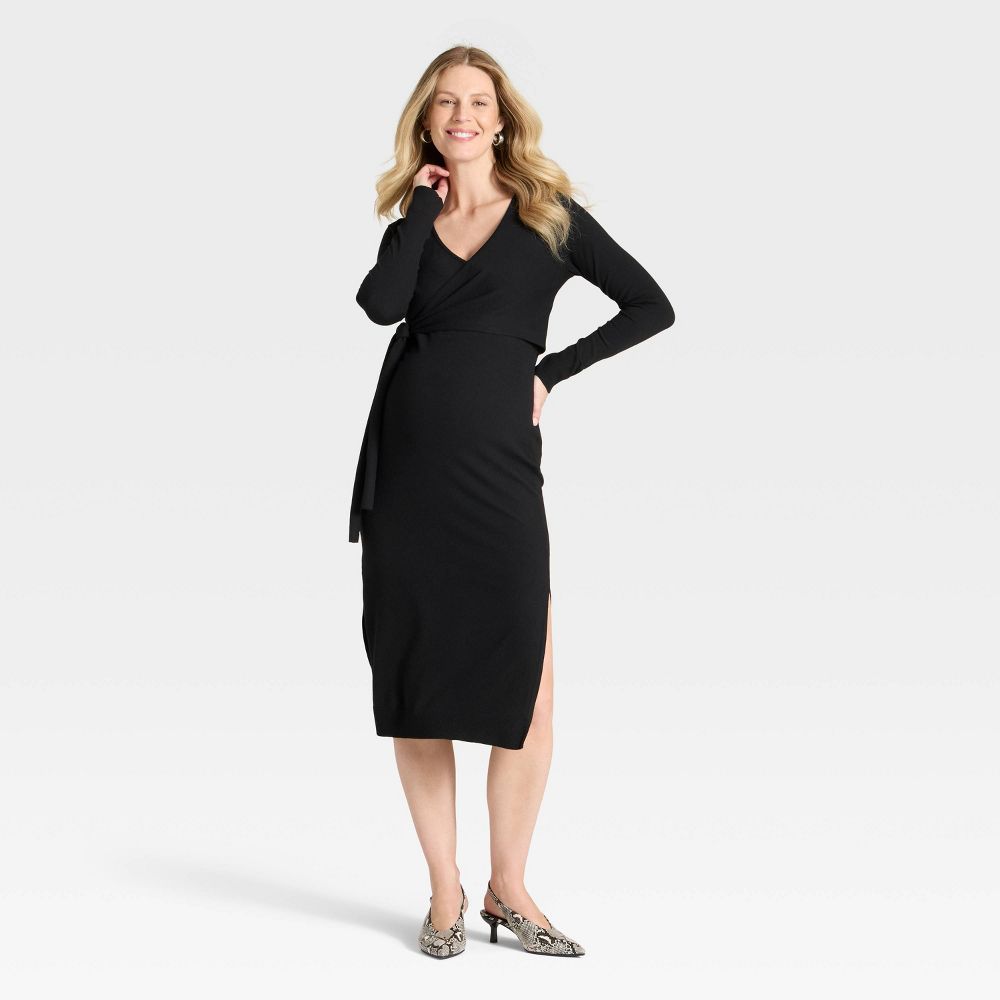 Open Box - Long Sleeve Wrap Midi Maternity Sweater Dress - Isabel Maternity by Ingrid & Isabel™ Black S