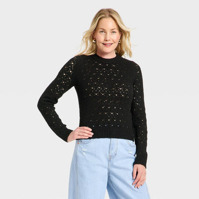 New - Women's Long Sleeve Lace Crewneck Pullover Sweater - Universal Thread™ Black XL