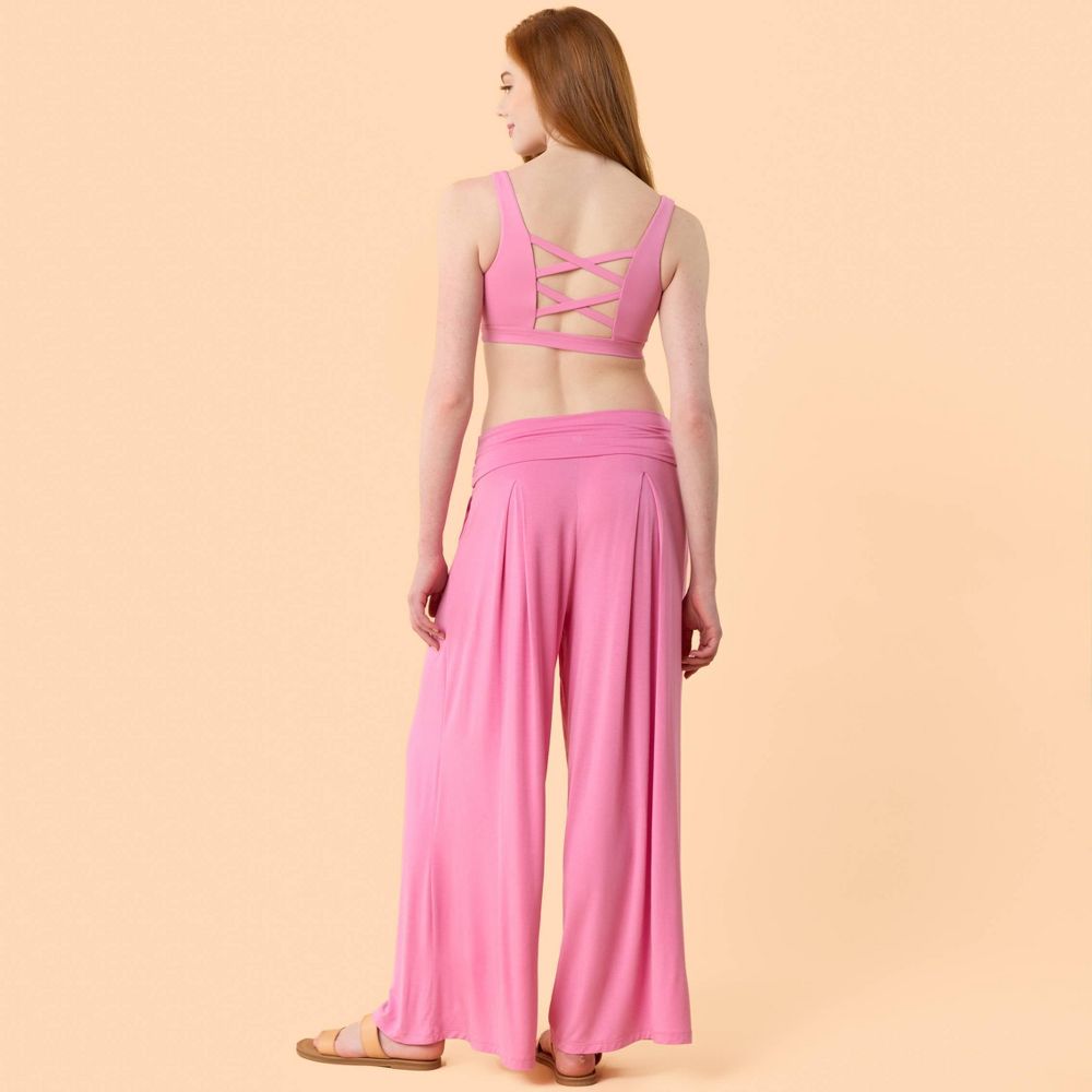 Open Box - Blogilates Women's Homebody Foldover Wide Leg Pants - Pink L