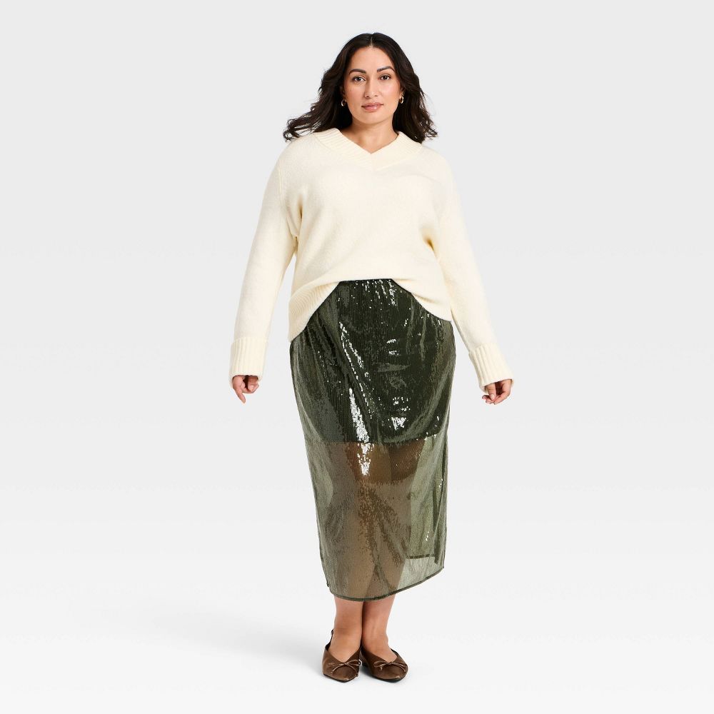 New - Women's Sequin Midi Skirt - A New Day™ Olive Green 3X