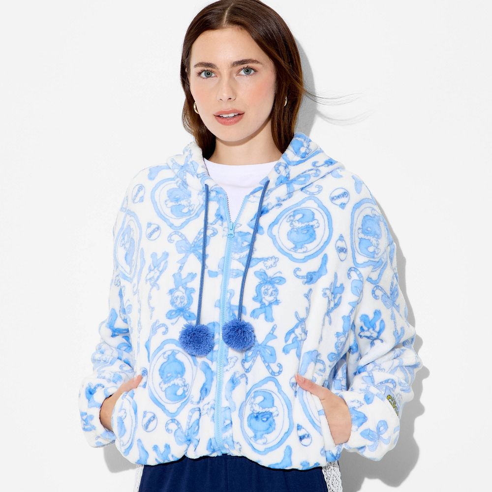 New - Women's Grinch Zip-Up Graphic Hooded Sweatshirt - White XXS