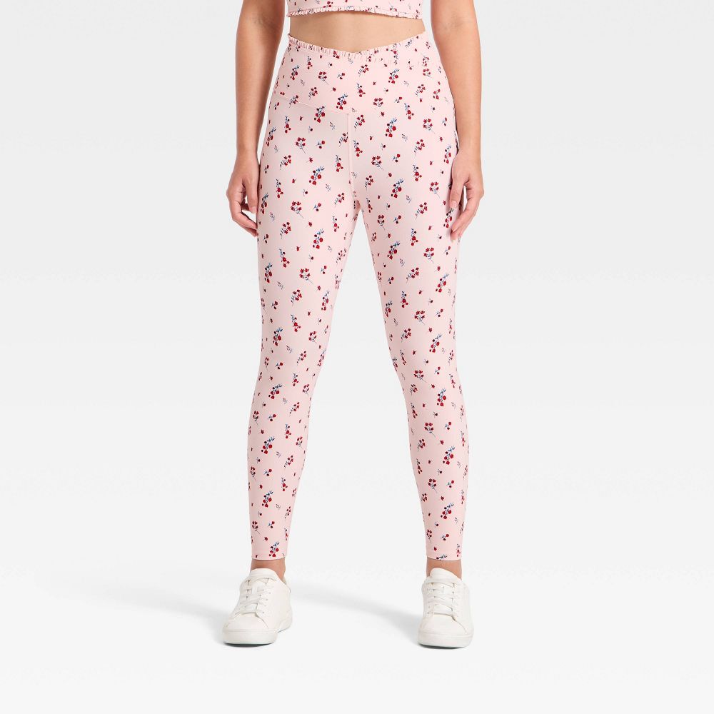 New - Women's Everyday Soft Ultra High-Rise Ruffle Crossover 7/8 Leggings - All In Motion™ Light Pink Floral L